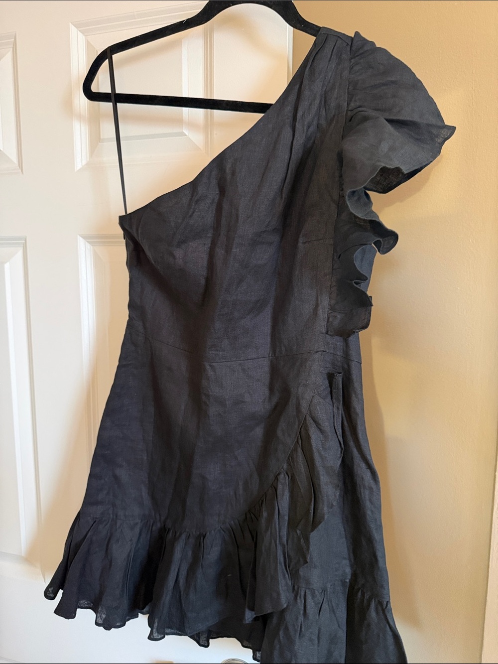 Banana Republic One-Shoulder Black Ruffle Linen Dress
